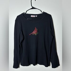 Quacker Factory Women's Black Rhinestone Cardinal Long Sleeve Knit Top L